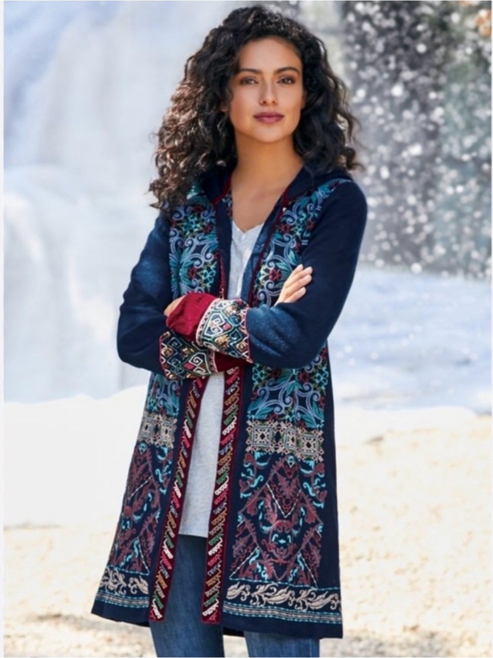 Soft Surroundings Hooded Embroidered Navy Longline Embroidered Sweater Cardigan
